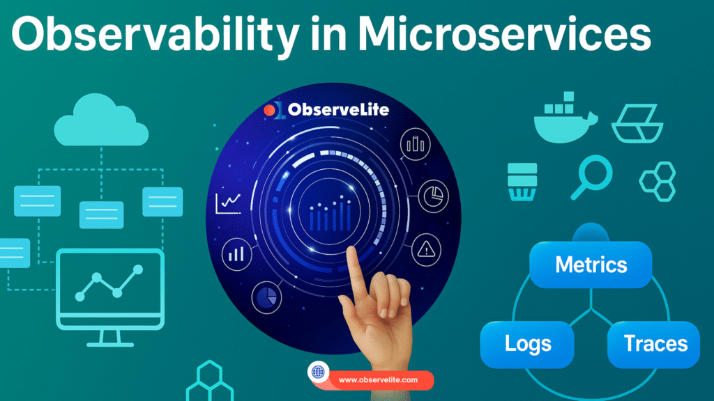 Infographic showing observability in microservices with icons for metrics, logs, traces, and distributed tracing